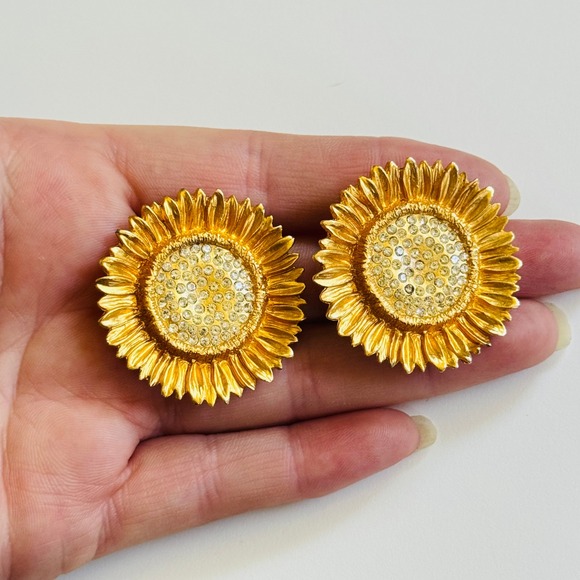 VTG MISH signed Sunflower Flashy clip Earrings statement Crystal Gold Plated big - Picture 1 of 7